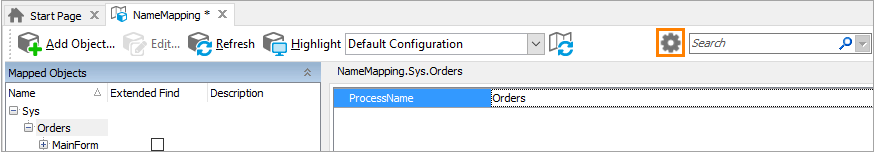 The location of the Configure Name Mapping icon on the toolbar