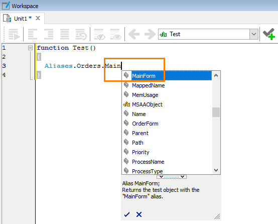 Entering an alias using Code Completion