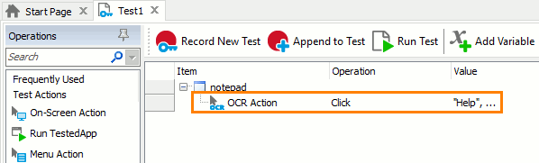 OCR Tutorial: The OCR Action operation added to the test