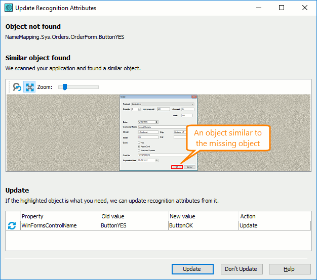 Update recognition attributes Update recognition attributes of the missing object to ma