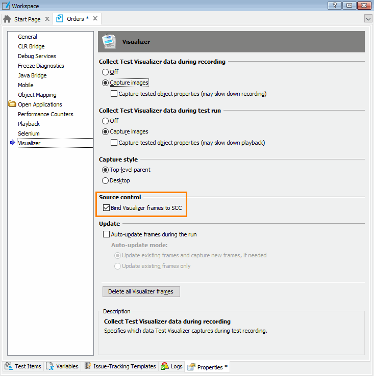 Test Visualizer: Enabling the binding Test Visualizer frames to source control system