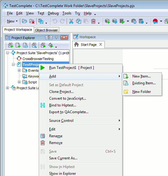 Adding a new project item to the project