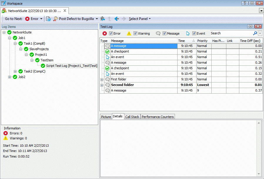 Test Log panel
