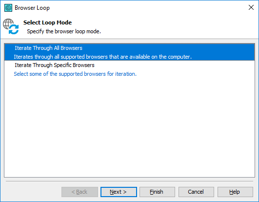 Getting Started with TestComplete (Web): Browser Loop operation parameters