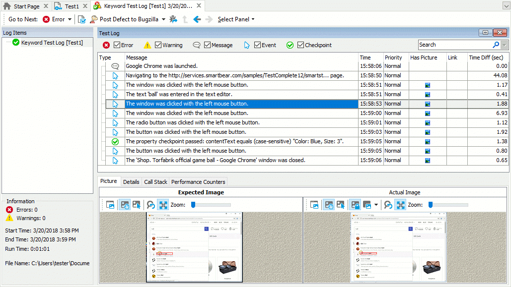 The sample test log Getting Started with TestComplete (Web): The sample test log