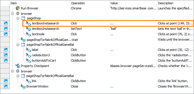 Getting Started with TestComplete (Web): The Click operation recorded with coordinates