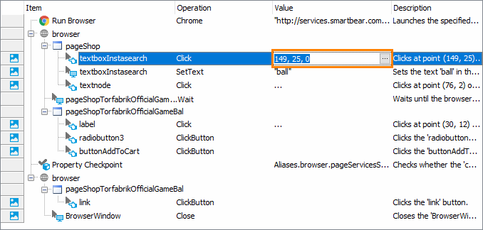 Getting Started with TestComplete (Web): Click in the Value column of the Click operation