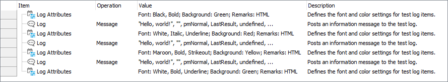 A sample test with the Log Attributes and Log Message operations