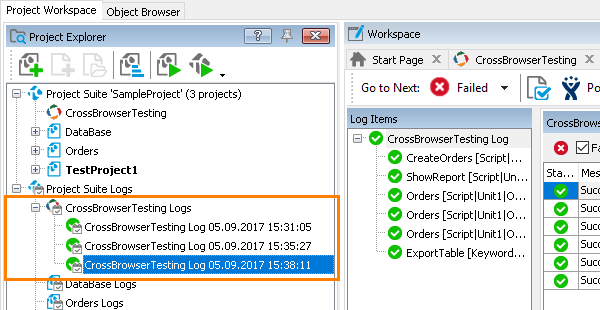 CrossBrowserTesting Logs in the Project Explorer CrossBrowserTesting logs in Project Explorer
