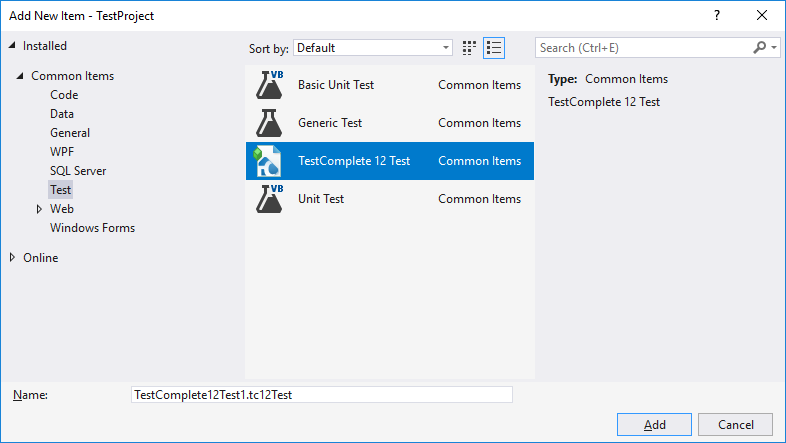 TestComplete integration with Visual Studio: Adding TestComplete Test item via Add New Test Dialog