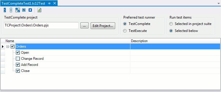 TestComplete integration with Visual Studio: Configuring TestComplete Test item