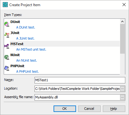 Creating a new MSTest item.