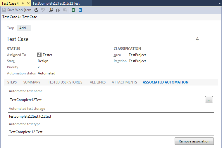 TestComplete integration with Visual Studio: Associating TestComplete Test item with a test case