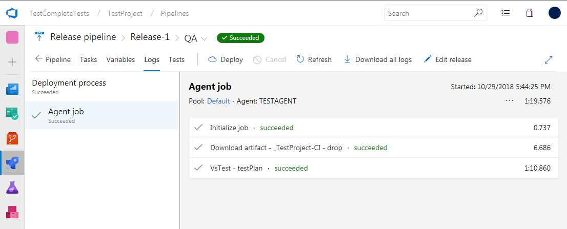 TestComplete integration with Visual Studio: Stage logs