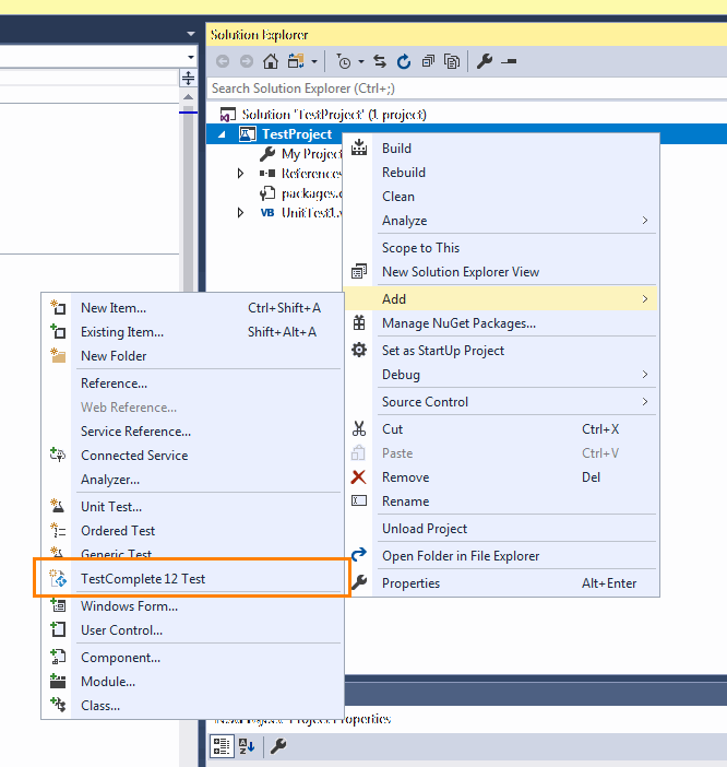 TestComplete integration with Visual Studio: Adding TestComplete Test item via context menu