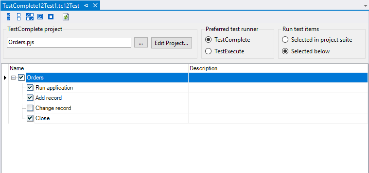 TestComplete integration with Visual Studio: Configuring TestComplete Test item to run TestComplete tests