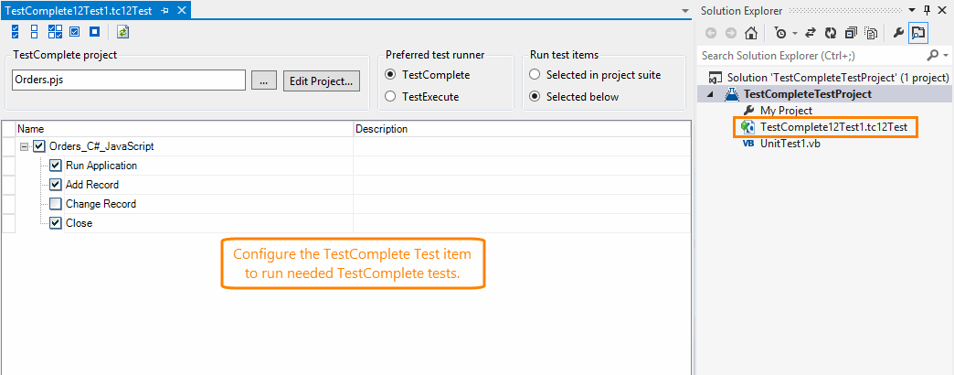 TestComplete integration with Visual Studio: Adding TestComplete Test item to Visual Studio test project