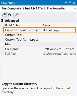 TestComplete integration with Visual Studio: Configuring TestComplete 14 Test item properties