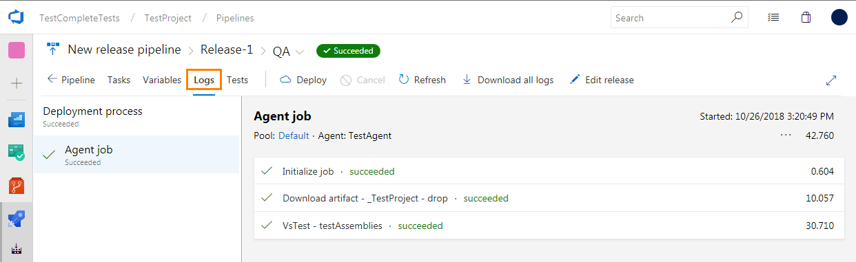 TestComplete integration with Visual Studio: View release status