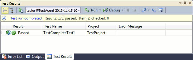 TestComplete integration with Visual Studio: Results of the TestComplete 14 Test item in the Test Results panel of Visual Studio 2010