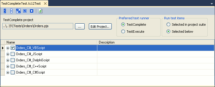 TestComplete integration with Visual Studio: Configuring TestComplete Test item to run TestComplete tests