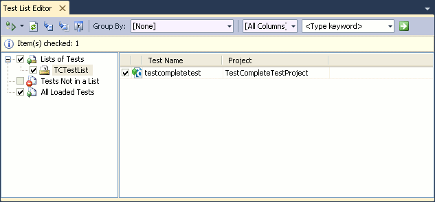 TestComplete integration with Visual Studio: A TestComplete 14 Test item in the Test List panel