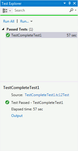 TestComplete integration with Visual Studio: Results of the TestComplete 14 Test item in the Test Results panel of Visual Studio 2012