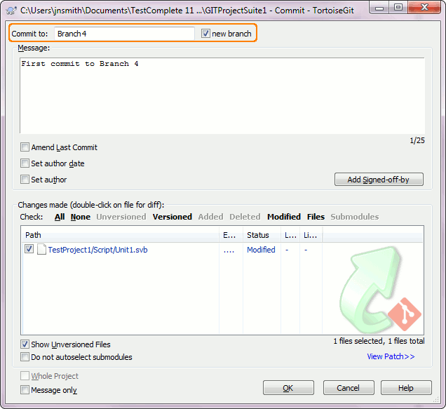 Creating branches via TortoiseGit Commit dialog