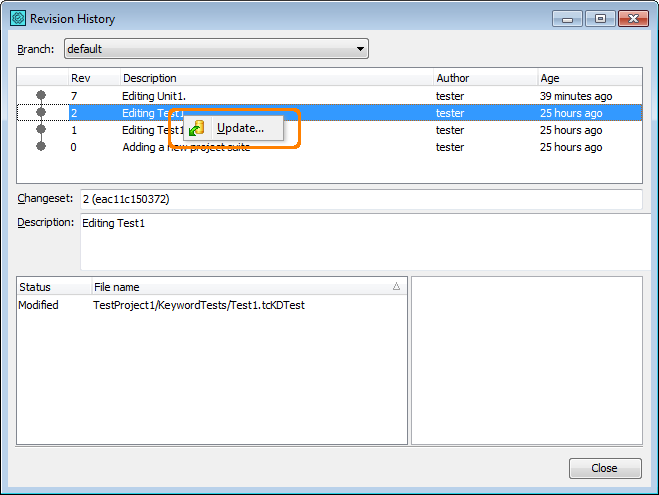 Reverting to a Specific Revision via TestComplete Revision History Dialog