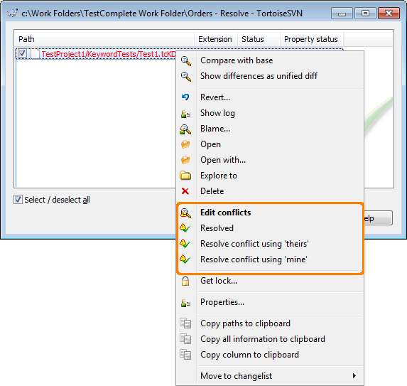 Resolving Conflicts via TortoiseSVN Resolve Dialog