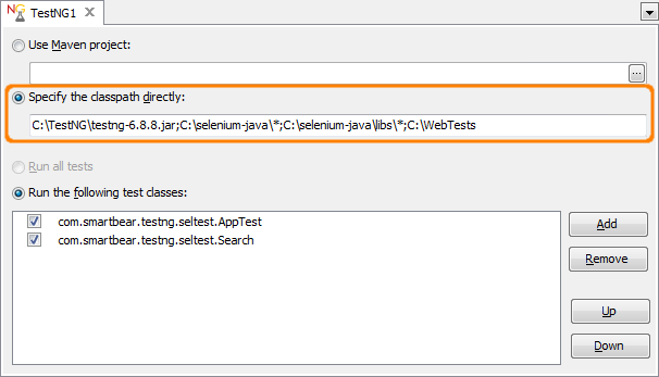 Run TestNG Selenium Tests by specifying classpath