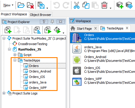List of tested applications in the Project Explorer