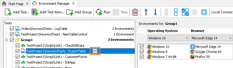 Integration with CrossBrowserTesting.com: Call the Select Test dialog to replace a test assigned to the CrossBrowserTesting environment