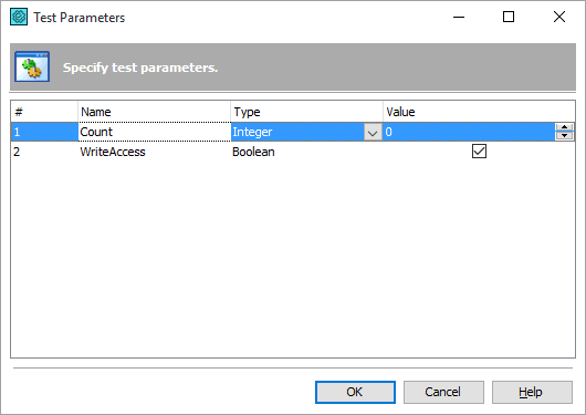 Test Parameters dialog