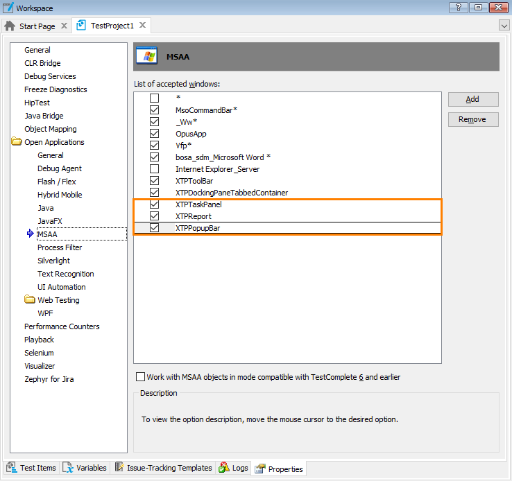 Project Properties - MSAA Options