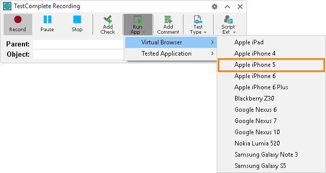 Mobile browser list on the Recording toolbar