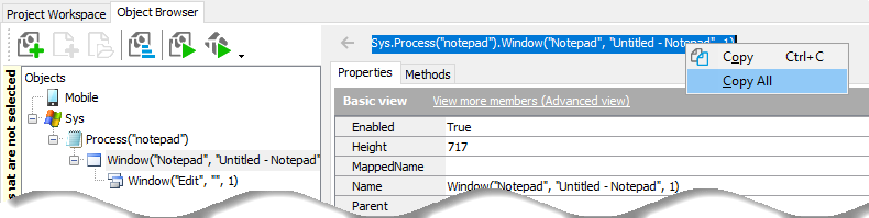 Copying window name from the Object Browser.