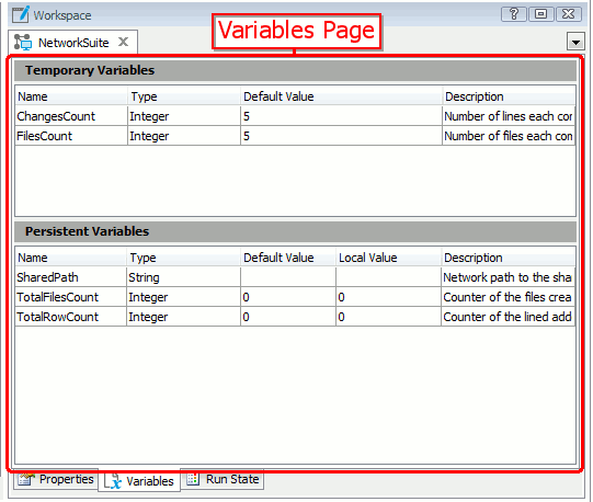 Variables page of the Network Suite editor