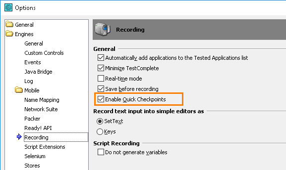 Quick Checkpoints: Enabling and disabling Quick Checkpoints at design time