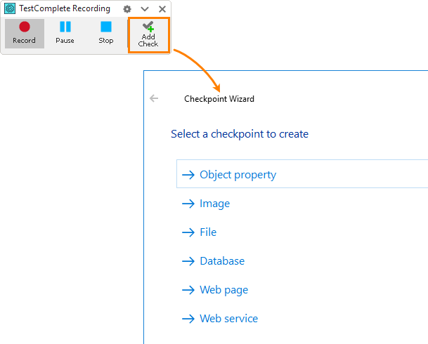 Creating checkpoints via the wizard during test recording