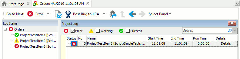 Error messages in the test log