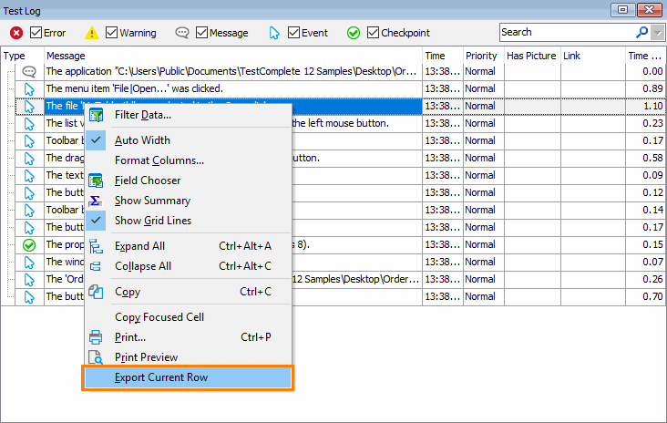 Exporting the current log row