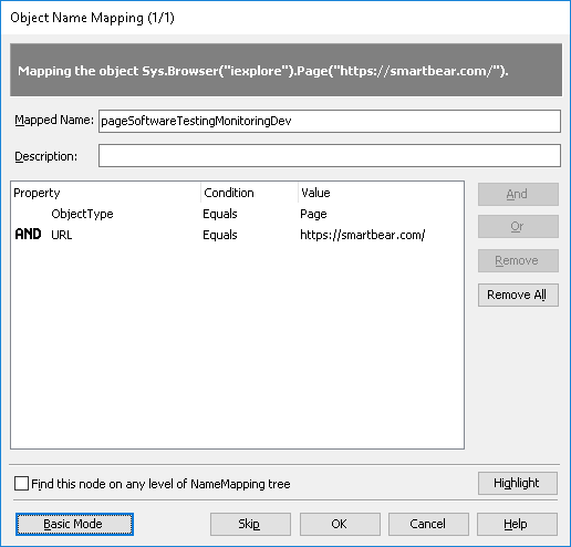 Object Name Mapping dialog - Conditional mode