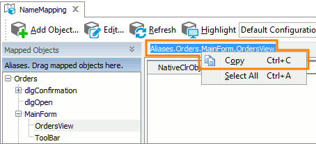 Copying an alias from the Name Mapping editor