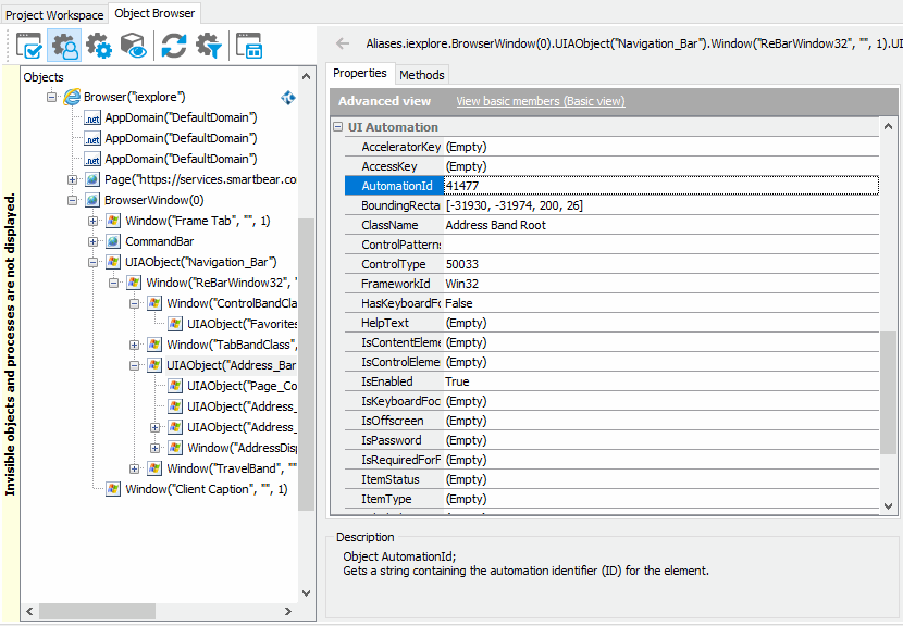 Object Browser displays properties exposed by the UI Automation providers
