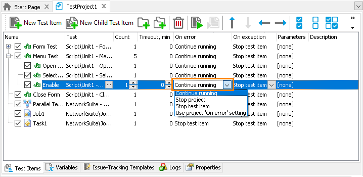 Set test item's 'On error' property