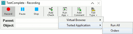 Running an application during test recording