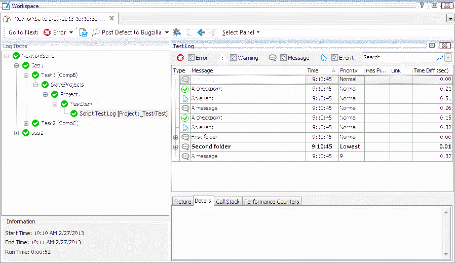 Test Log panel