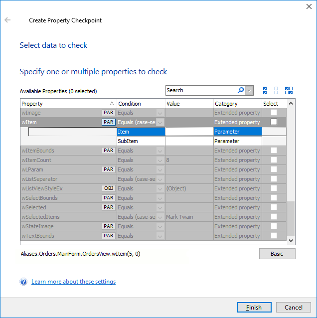 Getting Started with TestComplete (Desktop): wItem property in the property list