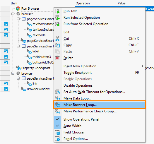 Getting Started with TestComplete (Web): Convert Run Browser operation into Browser Loop operation